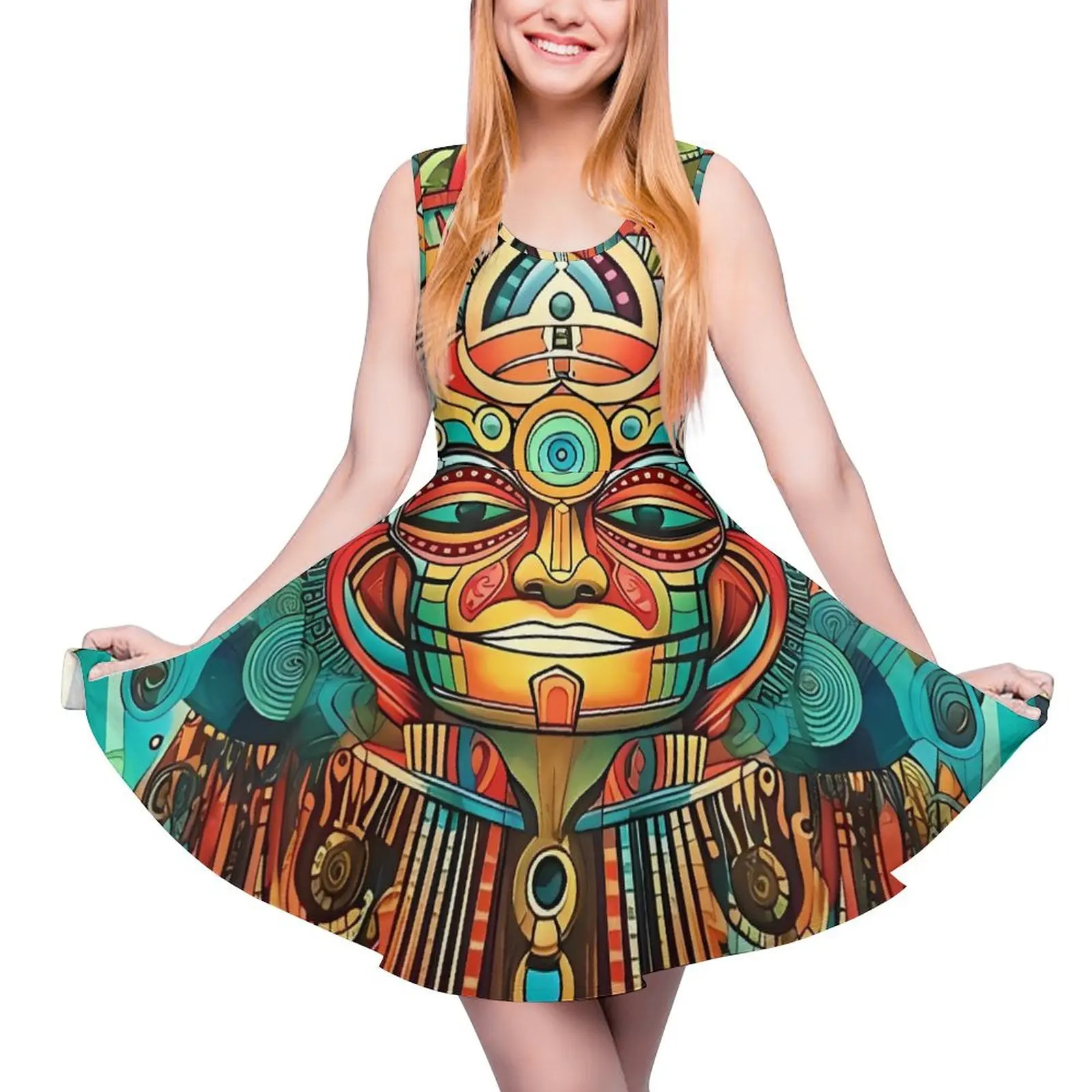 Abstract Aztec Art Dress  Modern Dresses High Waist Casual Oversized Skate Dress Ladies Printed Clothing