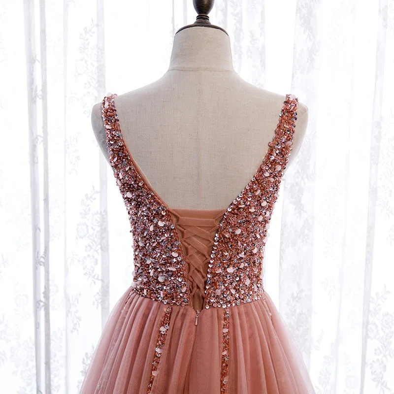 New Pink Sequins Evening Dress V-Neck Backless A-Line Floor-Length Crystal Bling Luxurious Lace Up Party Formal Gown Woman B217