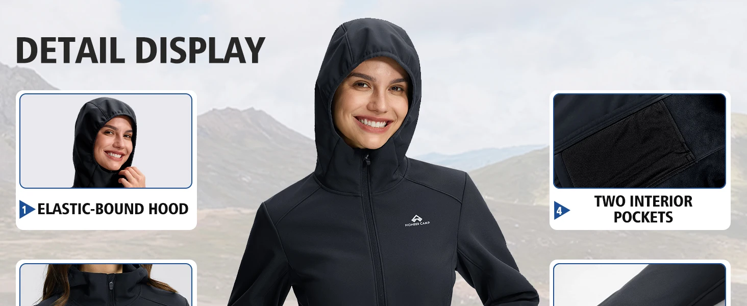 with hood, hoodie, hooded softshell jacket, full zip front, stand collar