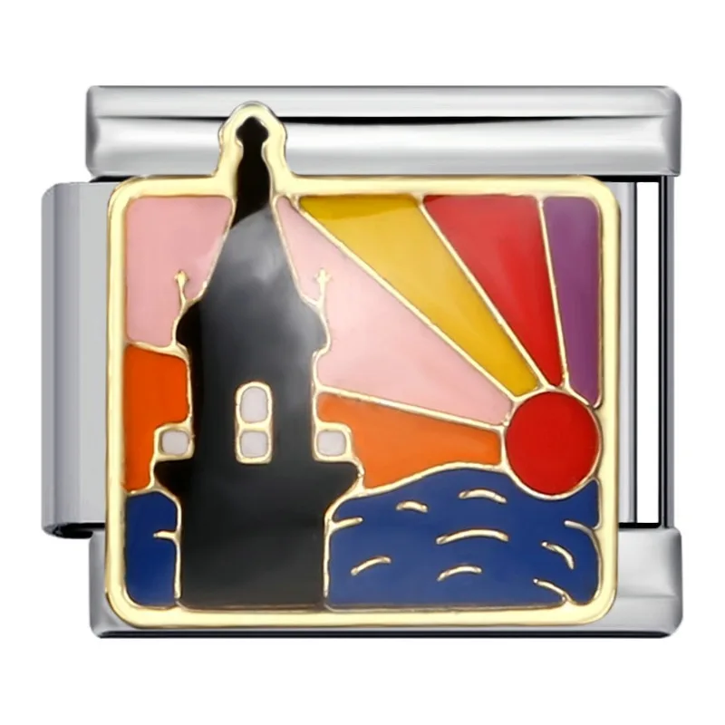 อิตาเลี่ยน Charm สร้อยข้อมือสแตนเลส 9 มม.โมดูล Splicing สดและหวานทิวทัศน์ประภาคาร Beach เครื่องประดับ DIY สําหรับผู้หญิง