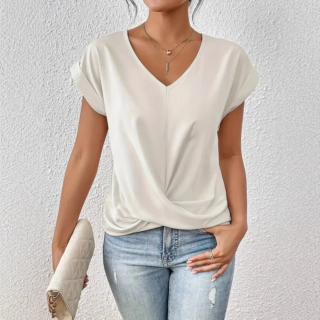 

Sexy V Neck Short Sleeve Shirt Blouse Tops Office Lady Spring Summer Casual Loose Solid White Tshirt For Women 2025 Female Tees