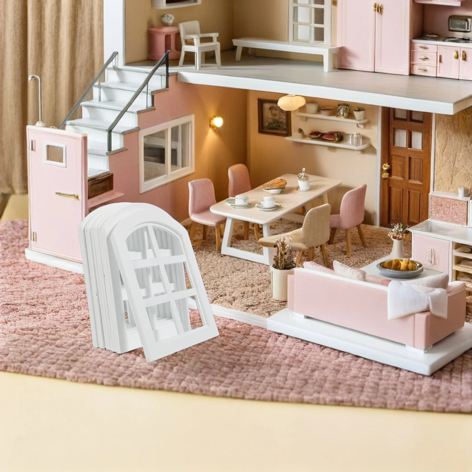 Molduras de janela de madeira em miniatura, 6 peças, móveis para casa de bonecas, escala 1:12, janela pequena, artesanato diy, acessórios para casa pequena