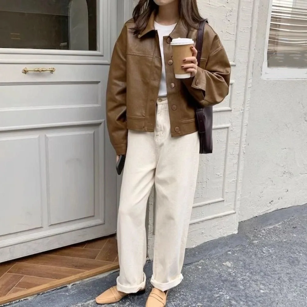 Comfortable Lapel Collar Leather Jacket Women Outerwear Retro Vintage PU Coats Korean Chic Windbreaker Jackets Streetwear