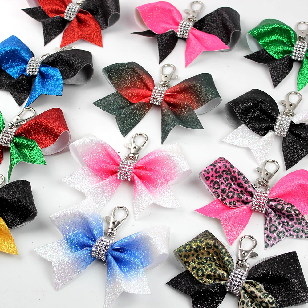 free shipping 12pcs sport keyring glitter bow keychain leopard glitter cheer bow keychain bag beautiful cute decoration