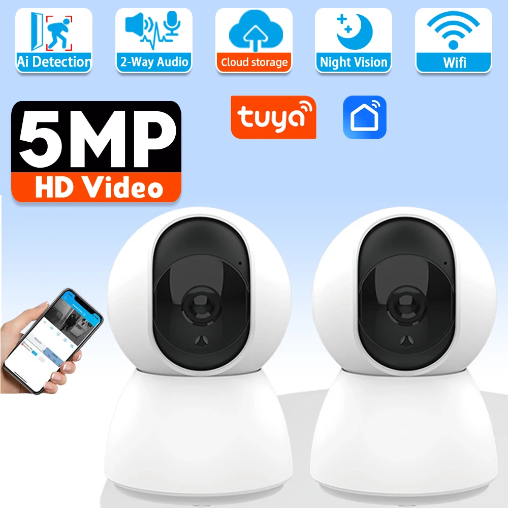 5MP Mini Indoor 2 Way Audio Tuya Wifi Smart Home Baby Monitor Security IP Camera 2K PTZ Auto Tracking CCTV Surveillance Camera
