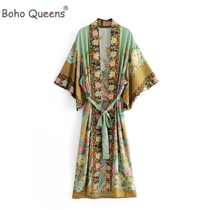 Boho Queens Women Peacock Floral Print Bat Sleeve Beach Bohemian Kimono Ladies V Neck Summer Happie Robe Bikini Cover-ups