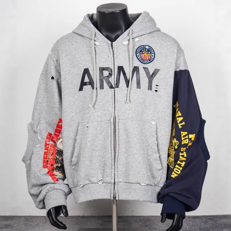 

Унисекс-толстовка оверсайз с капюшоном, эффект потертости и рваных деталей, повседневный уличный стиль, хип-хоп, американский стиль, пуловер-куртка