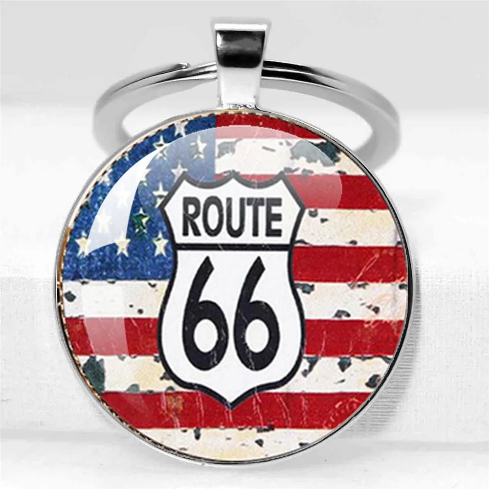 25MM/30MM ROUTE 66 Keychain Motorcycle Car Key Chain Handmade Art Photo Glass Cabochon Key Ring Holder Women Men Jewelry Gift