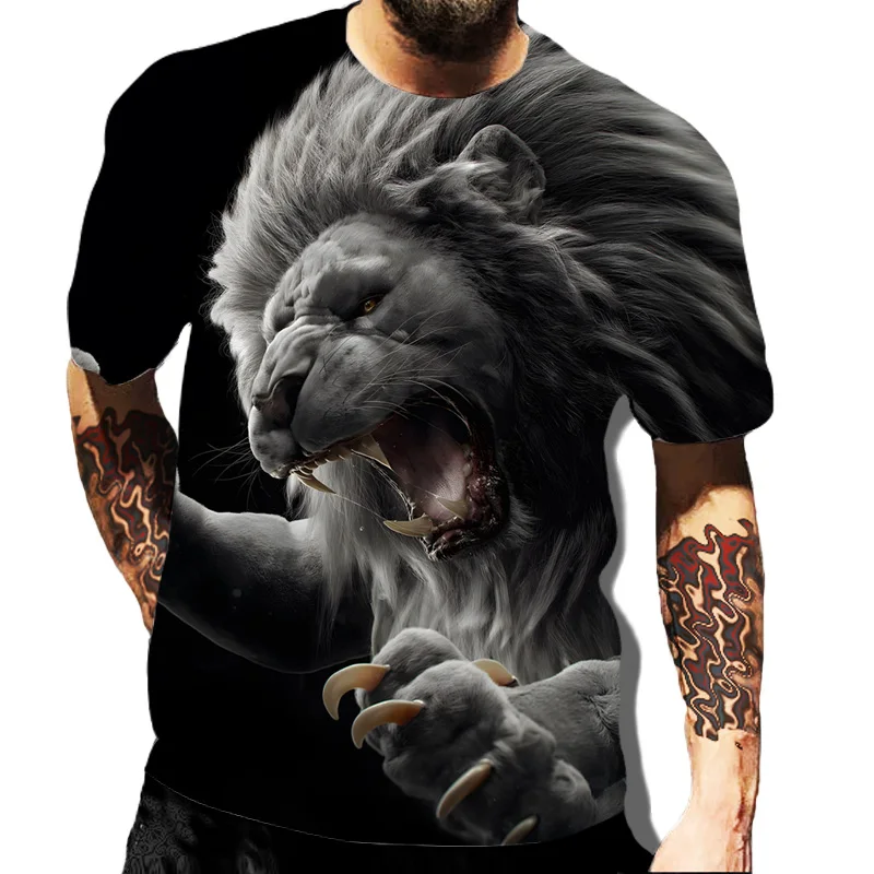 Leão animal masculino camiseta 3D gráfica, casual com decote em O, manga curta, camiseta masculina extragrande, streetwear da moda, camiseta verão,