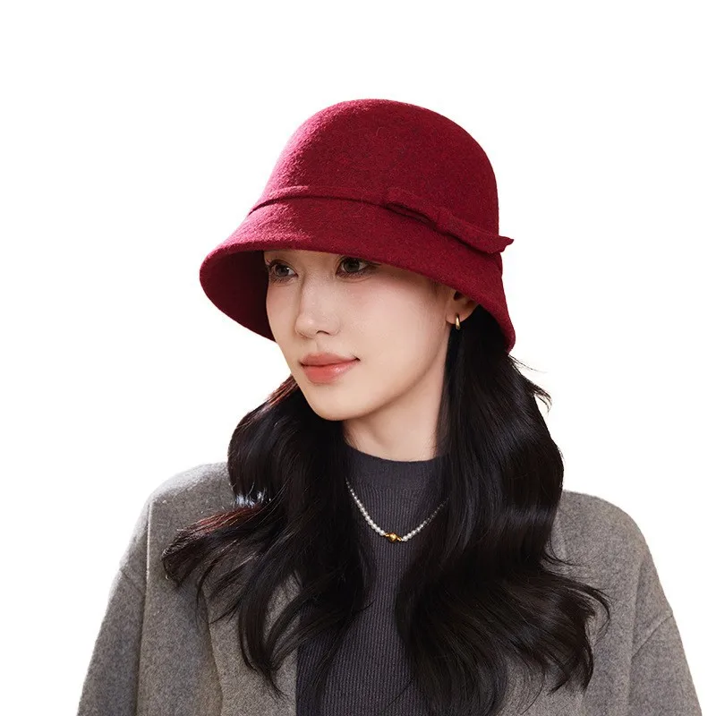 Hat fall and winter bow bucket hat women wool tweed basin hat England retro felt fisherman hat