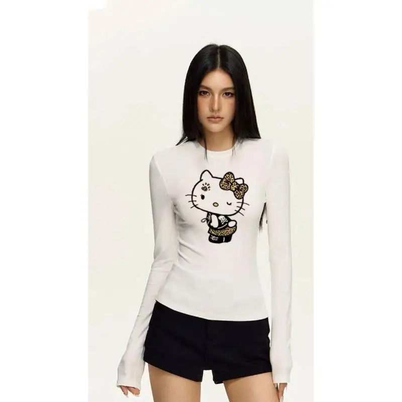 

Sanrio Hello Kitty Slim Fit Round Neck Long Sleeve Tops for Women Casual Daily Wear Cute Leopard Print Base Layer Korean Style