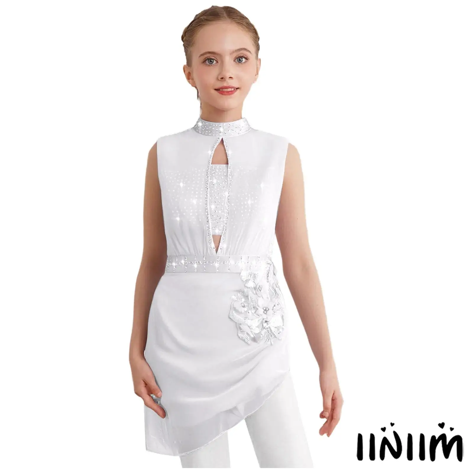 

Kids Girls Modern Ballet Dress Sleeveless Sheer Mesh Shiny Rhinestones Lyrical Gymnastics Dress for Ballroom Stage Dance Show