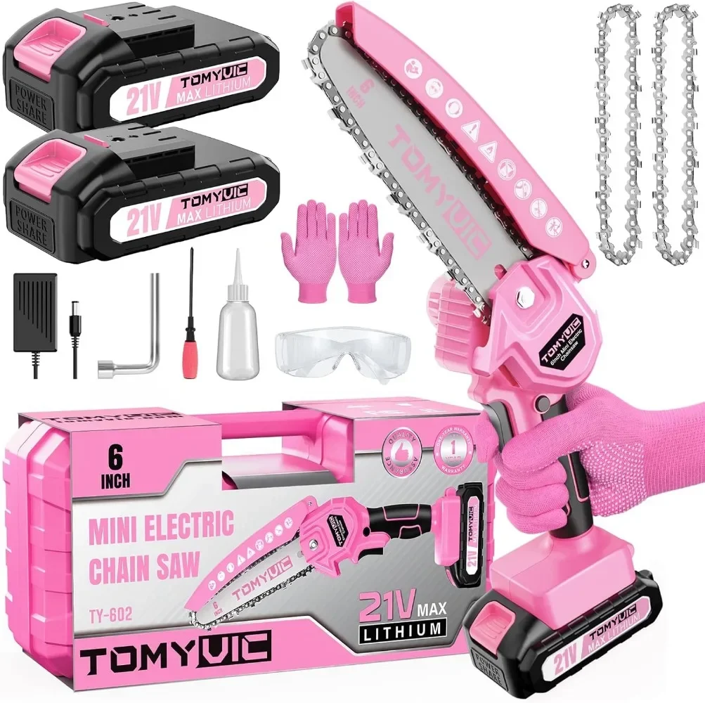 

Cordless Electric Handheld Chainsaw- 21V Small Power Chain Saws Battery Operated for Tree Trimming Wood Cutting-Pink