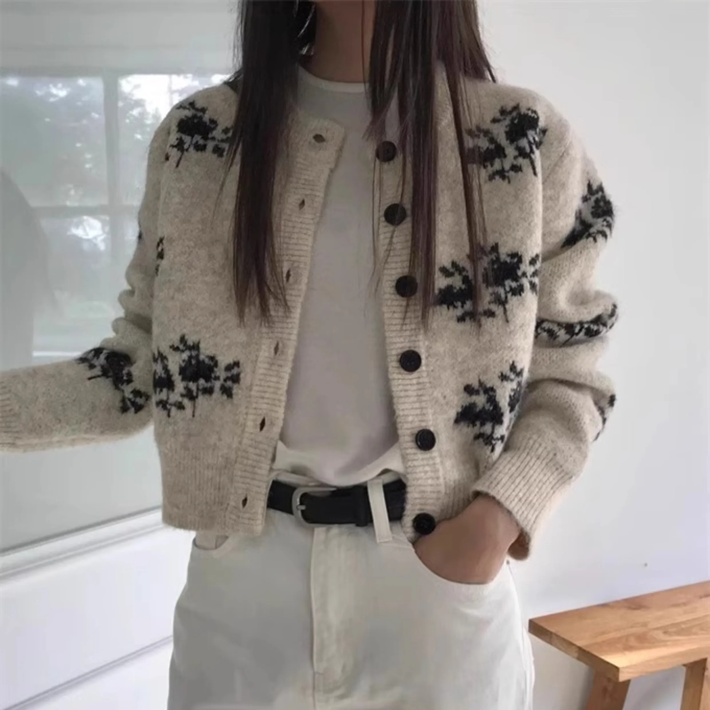 

Женский вязаный свободный круглый свитер Ne, осень-зима, модное пальто в стиле ретро с цветочным узором на одной пуговице, повседневный топ