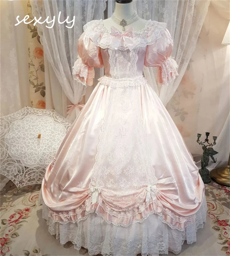 Gaun pernikahan Victoria kostum Cosplay Abad Pertengahan Renaissance gaun Prom pesta topeng renda rok Negara pengantin wanita kustom