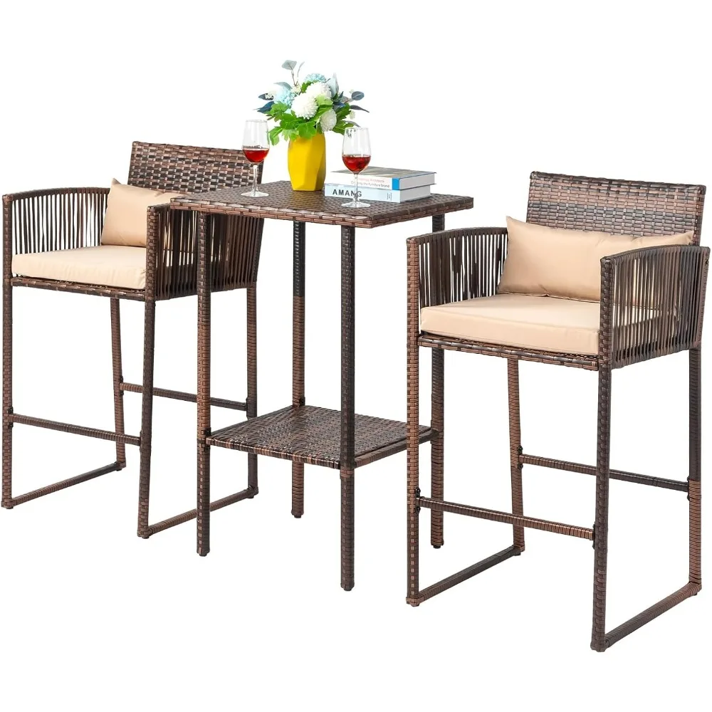 

3 PCS Patio Bar Set Wicker, Outdoor Table and Bar Stools with Storage Shelf and Cushions, Bar Height Outdoor Table