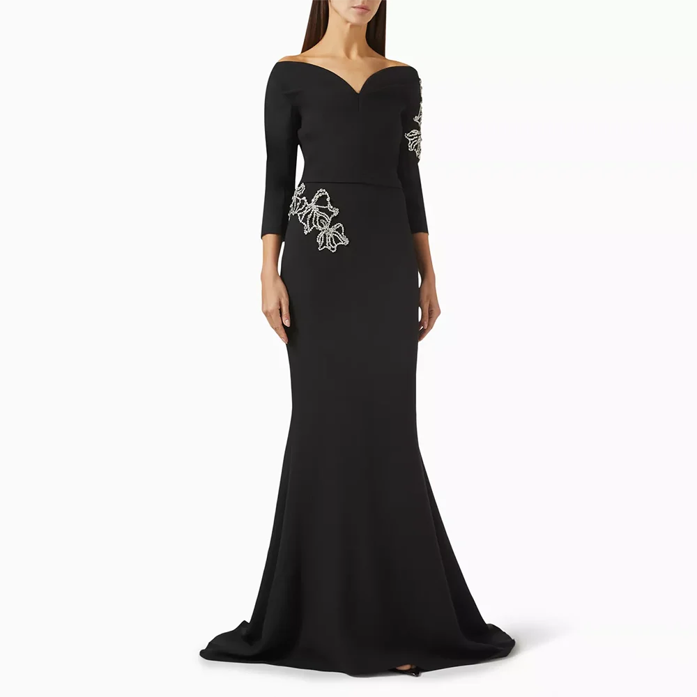 

Elegant Black Evening Dress Off The Shoulder Jersey 3/4 Sleeves Evening Gowns Floor Length Formal Paty Dresses Customized