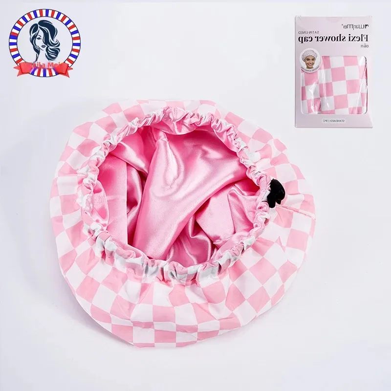 WANMEI Grid Toucas de banho brancas rosa - Forro de cetim flexível, touca de banho grande e larga para mulheres e homens, ajustável, acessório de cabelo