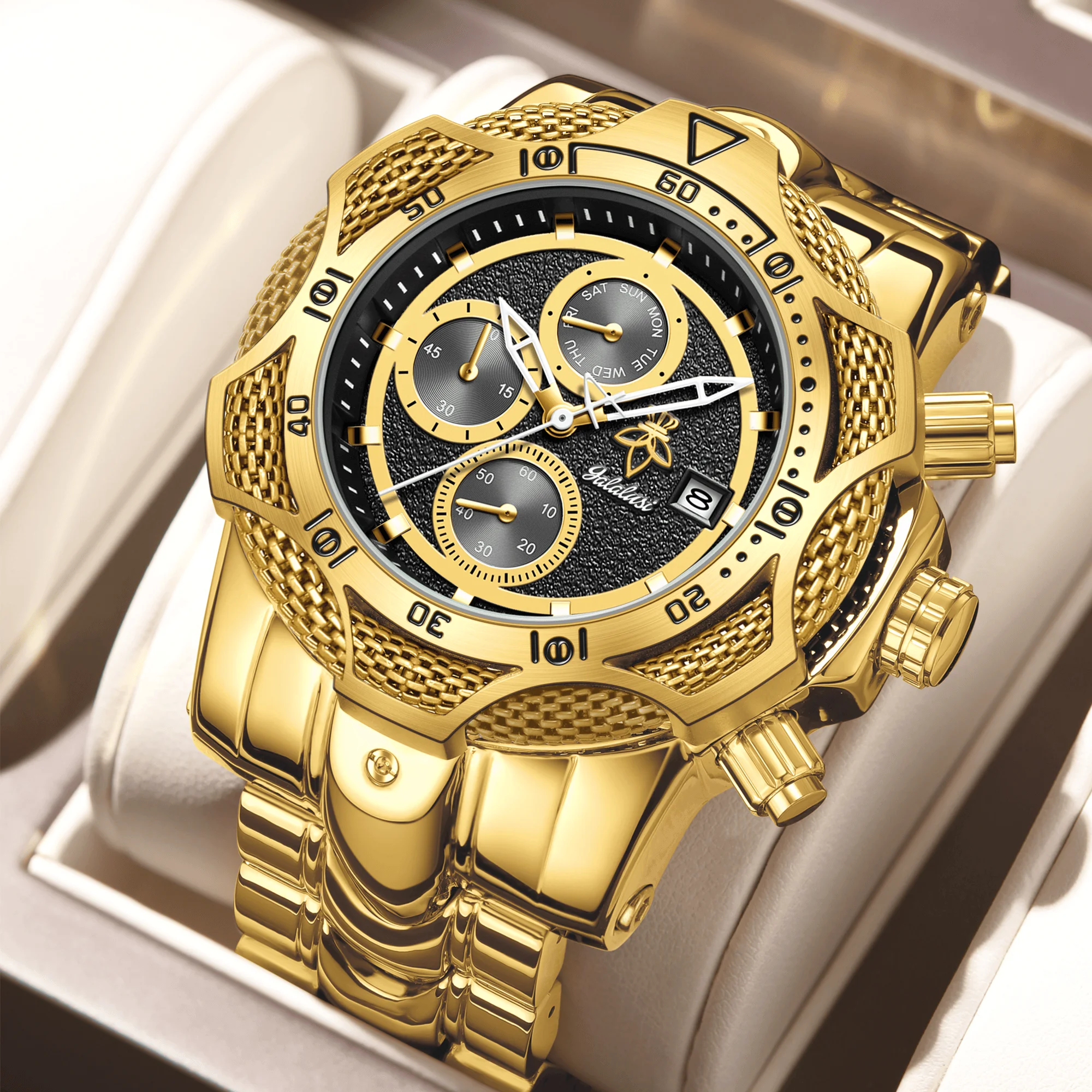

YaLaLuSi Men's Fashion Waterproof Sports Watch, Rugged Gold Chronograph Wristwatch with Black Dial & Stopwatch, Free Shipping