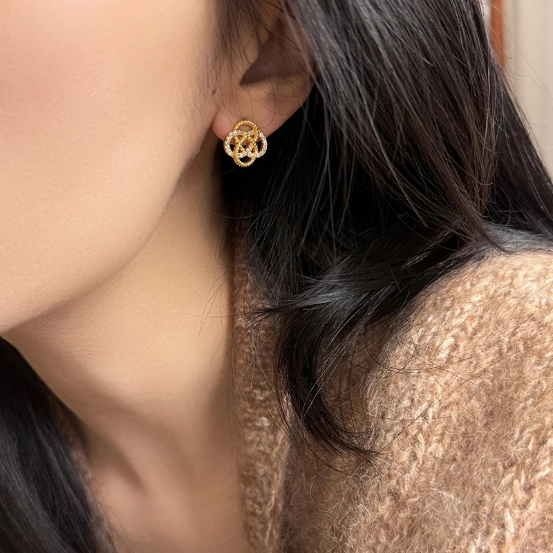 Luxury Gold Color Inlaid Zircon Concentric Knot Design Stud Earrings for 2026 New Ear Jewelry Women's Trendy Style Accessories