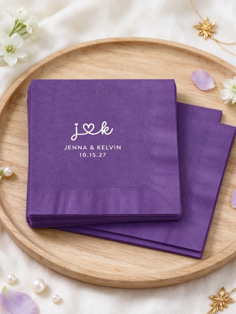 Custom Heart Monogram Wedding Beverage Napkins, Personalized Purple Multi-size Cocktail or Lunch Napkins for Wedding Buffet