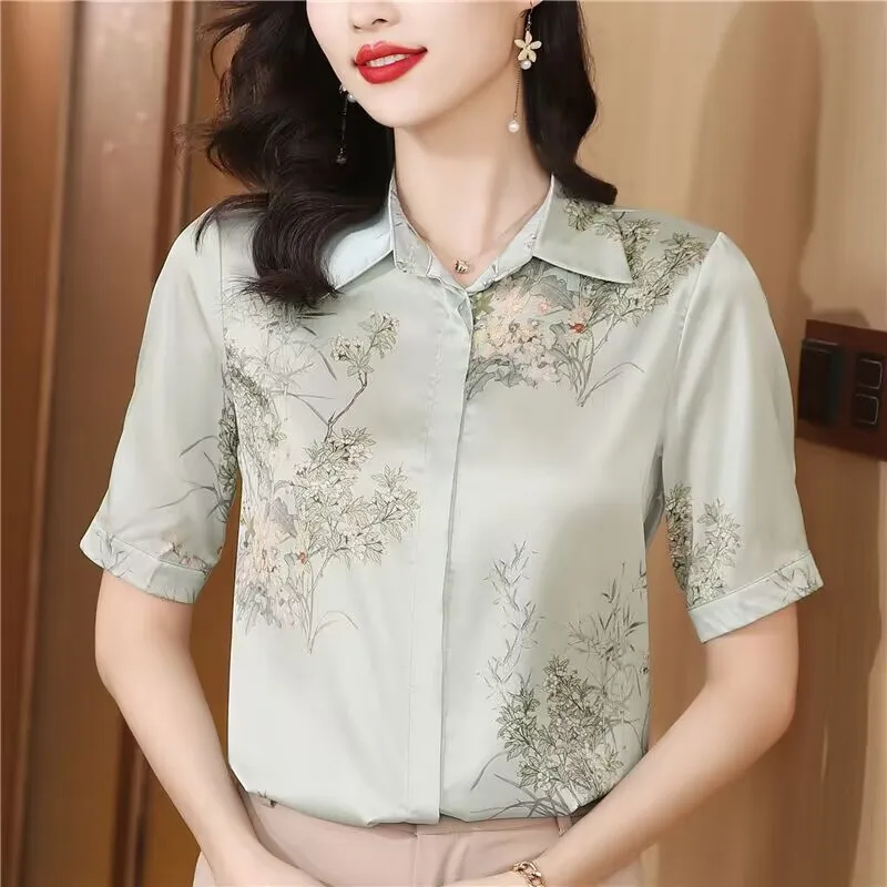 

Elegant And Noble Mulberry Silk Shirt For Women Summer New Printed Short Sleeve Loose Satin Blouse