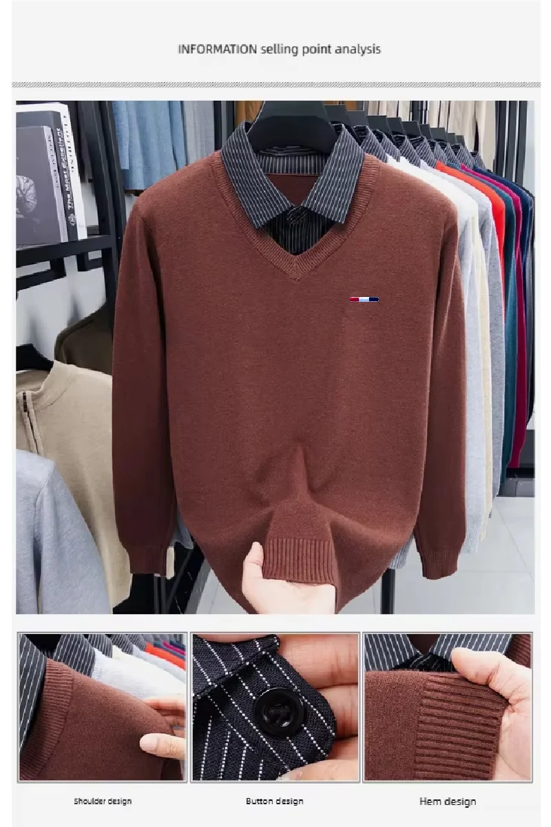 Hochwertiger Herren Falscher Zweiteiler Langarm-Strickpullover Gestreift mit Stickerei Herbst Winter Neuer Pullover Lässige Vielseitige Herrenbekleidung – Detail 7