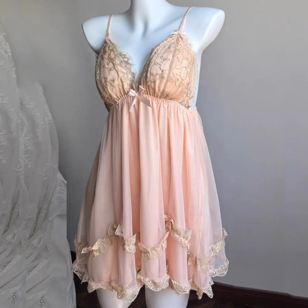 

Fashion Lace Bowknot Women's Pajama Dress Ruffle Flower Suspender Nightdress Homewear Sleepwear Sling Nightgown with Pads Summer