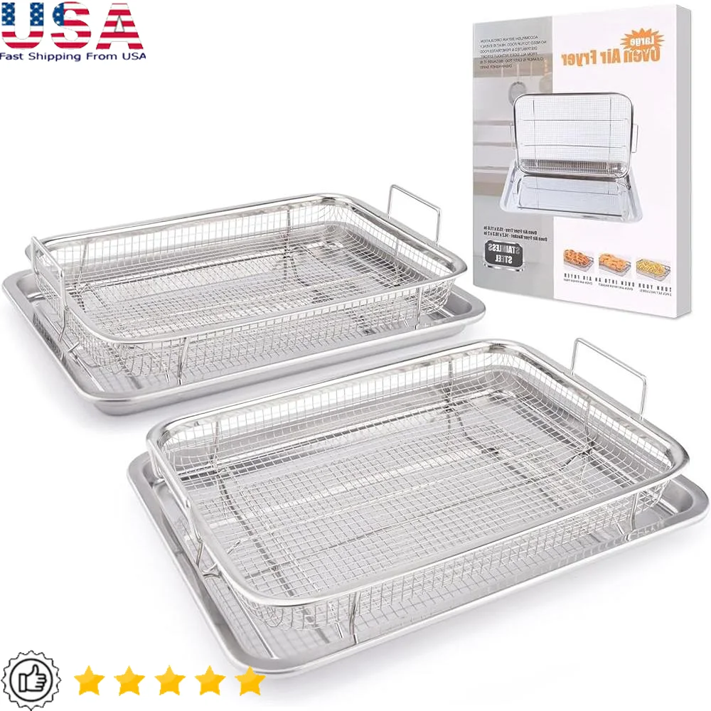 

Large Air Fryer Basket 2 Pack Stainless Steel Cooking Tray Rack Mesh Design Oven Accessories Easy Clean Kitchen Tool