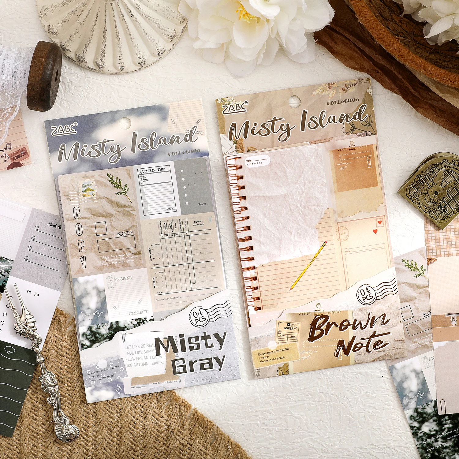 4Pcs Misty Island Vintage Grid Lined Note Paper, Collage Writable Memo Sheets for Junk Journal Scrapbook Decoration