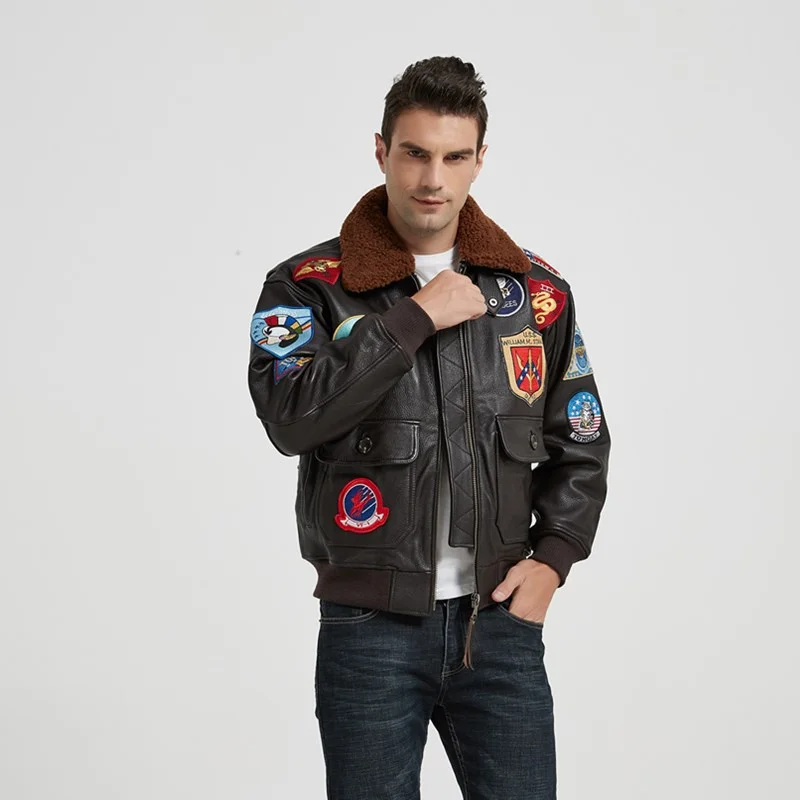 Black Top Gun Pilot Leather Jacket Men Military Style Europe Size Natural Thick Cowhide G1 Air Force Flight Coat