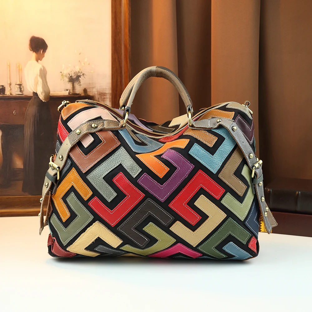 

Новая ретро-сумка-тоут 2026 года с геометрическим цветовым блокированием, из натуральной кожи, вместительная сумка из воловьей кожи