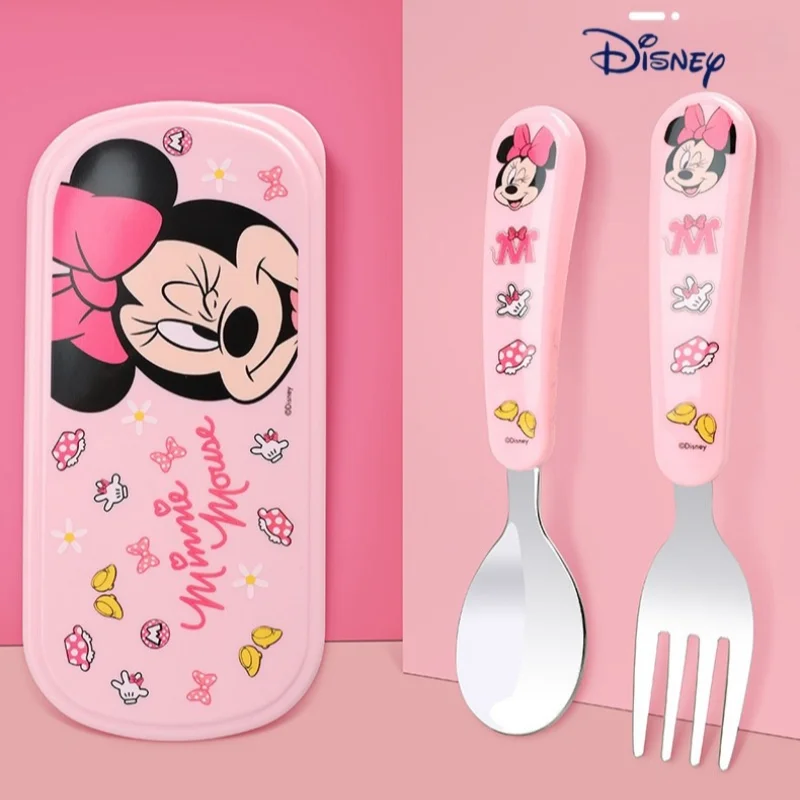 Disney Mickey 2 Piece Stainless Steel Cutlery Set Cute Kawaii Minnie Kids Fruit Fork Cartoon Print Lightning McQueen Spoon Set