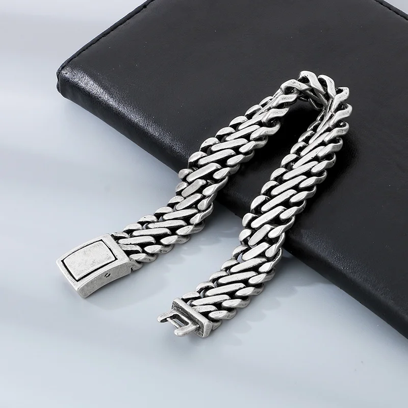 Fongten 22cm Twisted Braid Bracelet for Men Stainless Steel Cuban Chain Male Bracelets Bangle Ancient Silver Color Jewelry