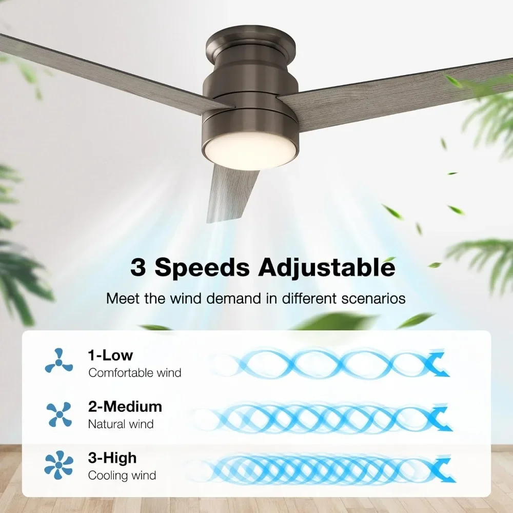 Ceiling Fan with Lights Remote Control, Flush Mount Ceiling Fan & Reverse Airflow and Dimmable LED Light, 52-Inch Ceiling Fan