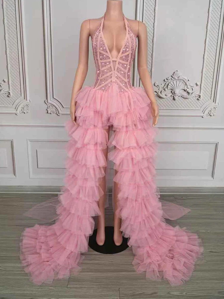

High Quality Hot Stamping Sexy Neck Hanging Mesh Long Dress 2025 New Fashion Custom Women'S Clothing