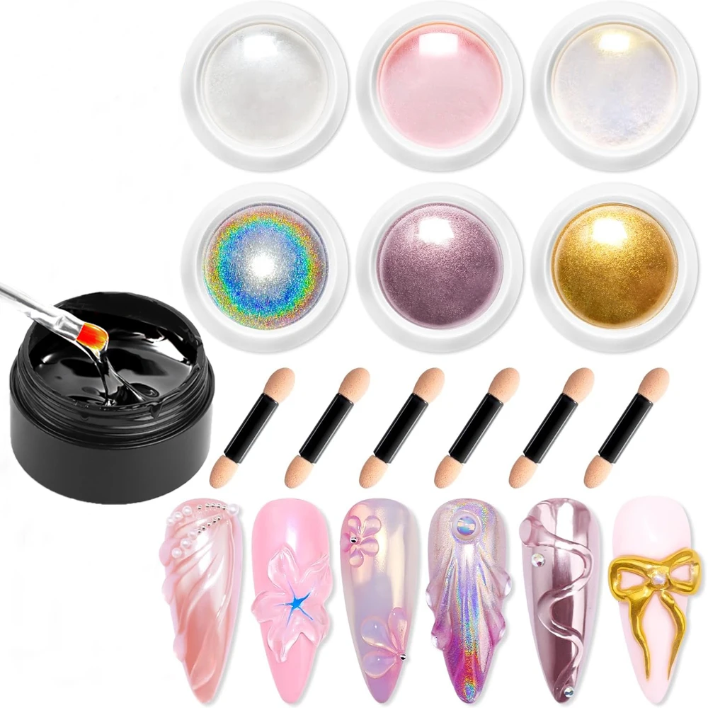 

6pcs Mirror Chrome Effect Metallic Nail Powder+1Jar Shaping Glue Set Holographic Gold&silver Metal Reflective Pigment Nails Gel