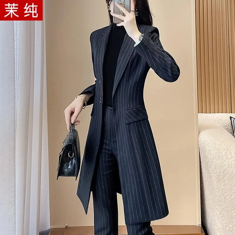 2-G5  Fashion suit for women 2023 new black stripes capable temperament professionmal windbreaker long suit two-piece suit