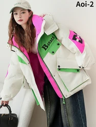 Thickened Work Down Jacket Women 2023 Winter New Korean Style Casual Loose Contrast Color Letter Oversize White Duck Puffer Coat