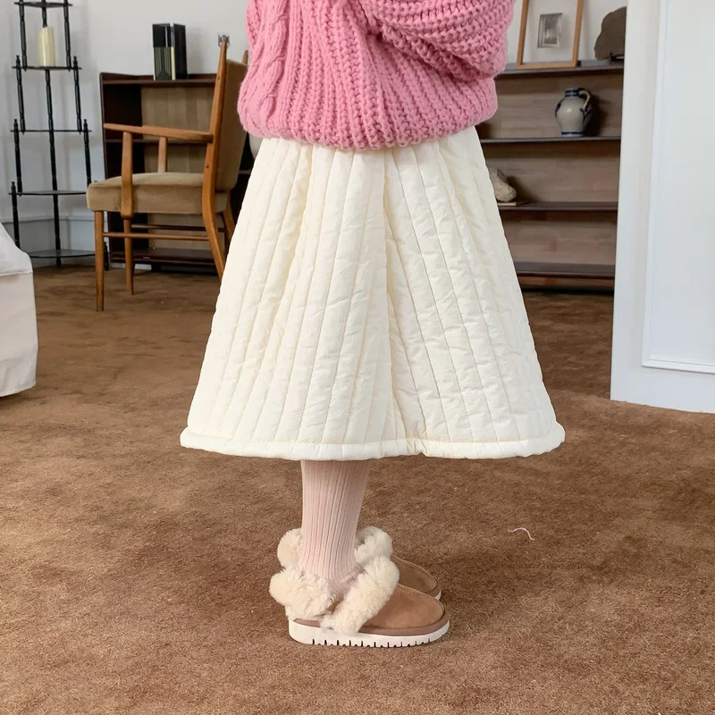 Korean 2023 Winter Young Kid Girl Skirt Cotton Padded Quilting Warm Thicken Baby Girl Skirt Loose Solid Versatile Kid Girl Skirt