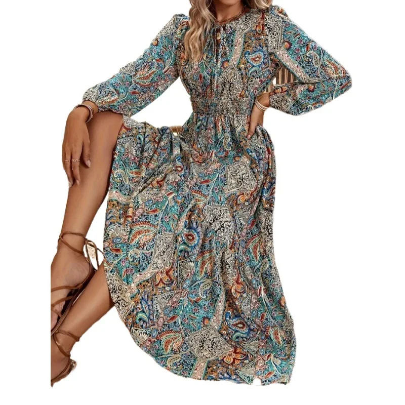 Moda Ruffles Print Maxi Dress Women Autumn Long Sleeve Lace Up Long Dress Boho Elastic Waist A-line Vestidos