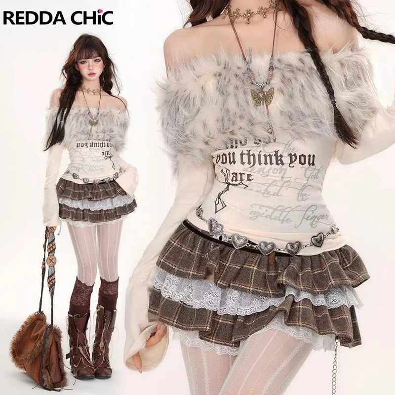 

REDDACHiC Fuzzy Faux Fur Top Cake Skirt Set Kawaii Ribbon Lace Ruffled Mini Plaid Skirt Off Shoulder Knit T-shirt Women Clothes