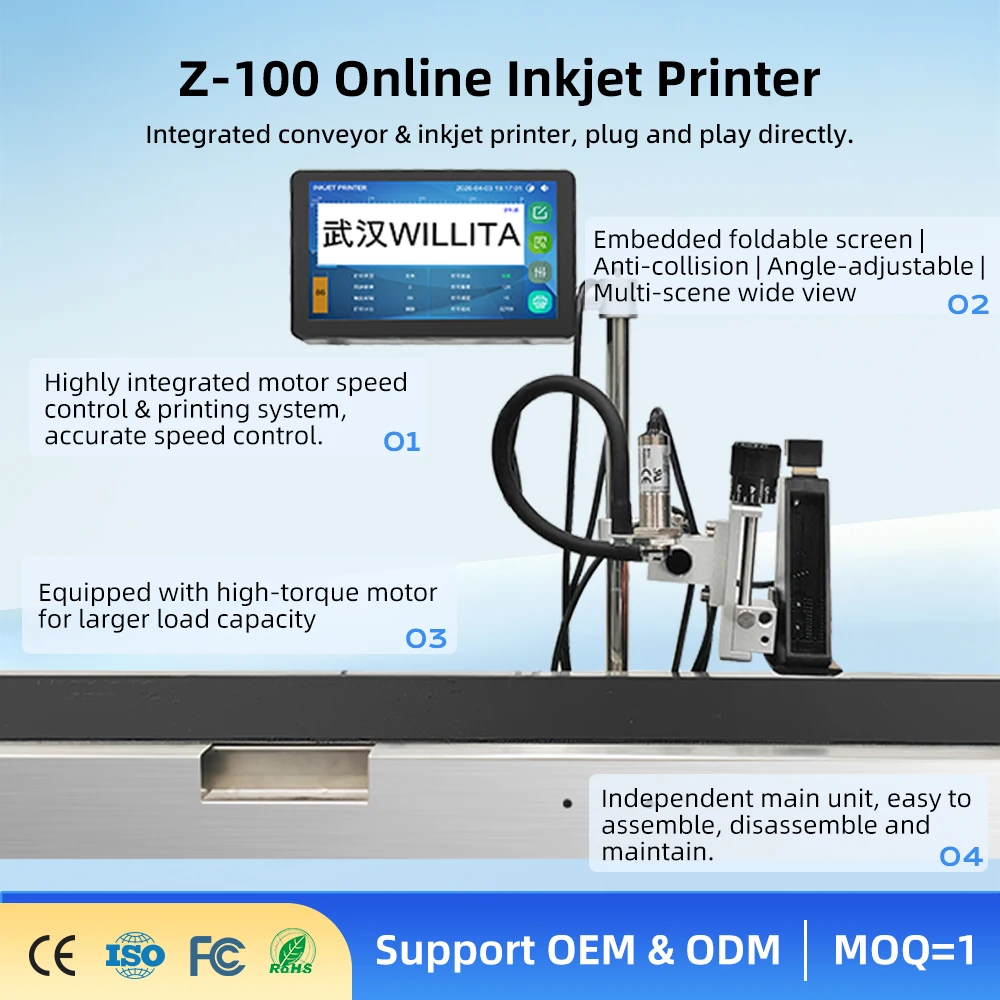 WILLITA Z-serier 12.7mm-100mm Online Tij Inkjet Printer For Continuous Production Line Barcode Batch Expiry Date Coding Machine