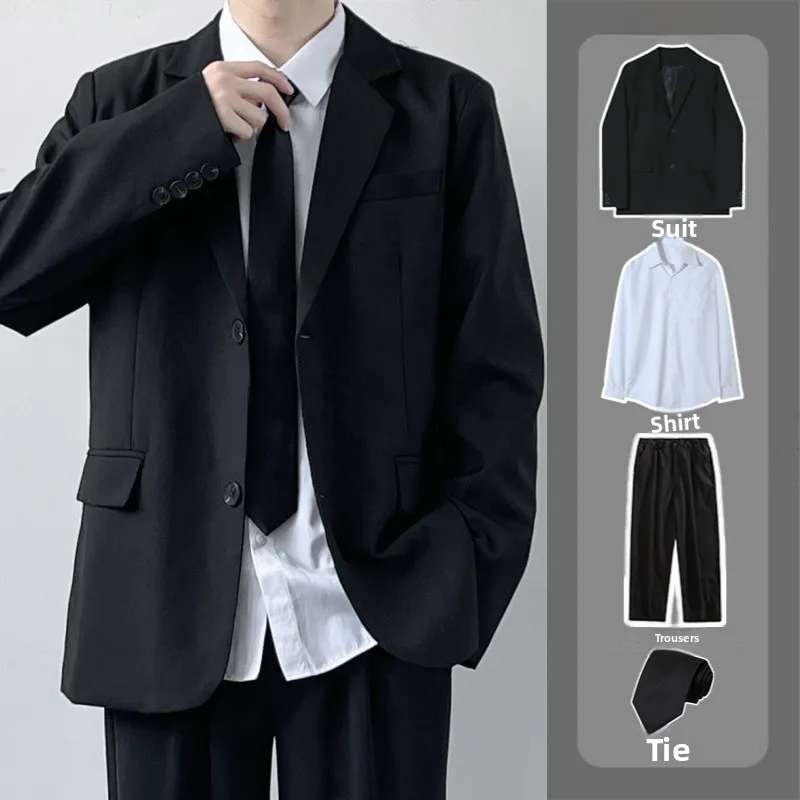 

Casual Leisure Men's Suit Set High School Sle JK Class orm Jaet Versatile ex Long Sve Flat Collar Busin Suit