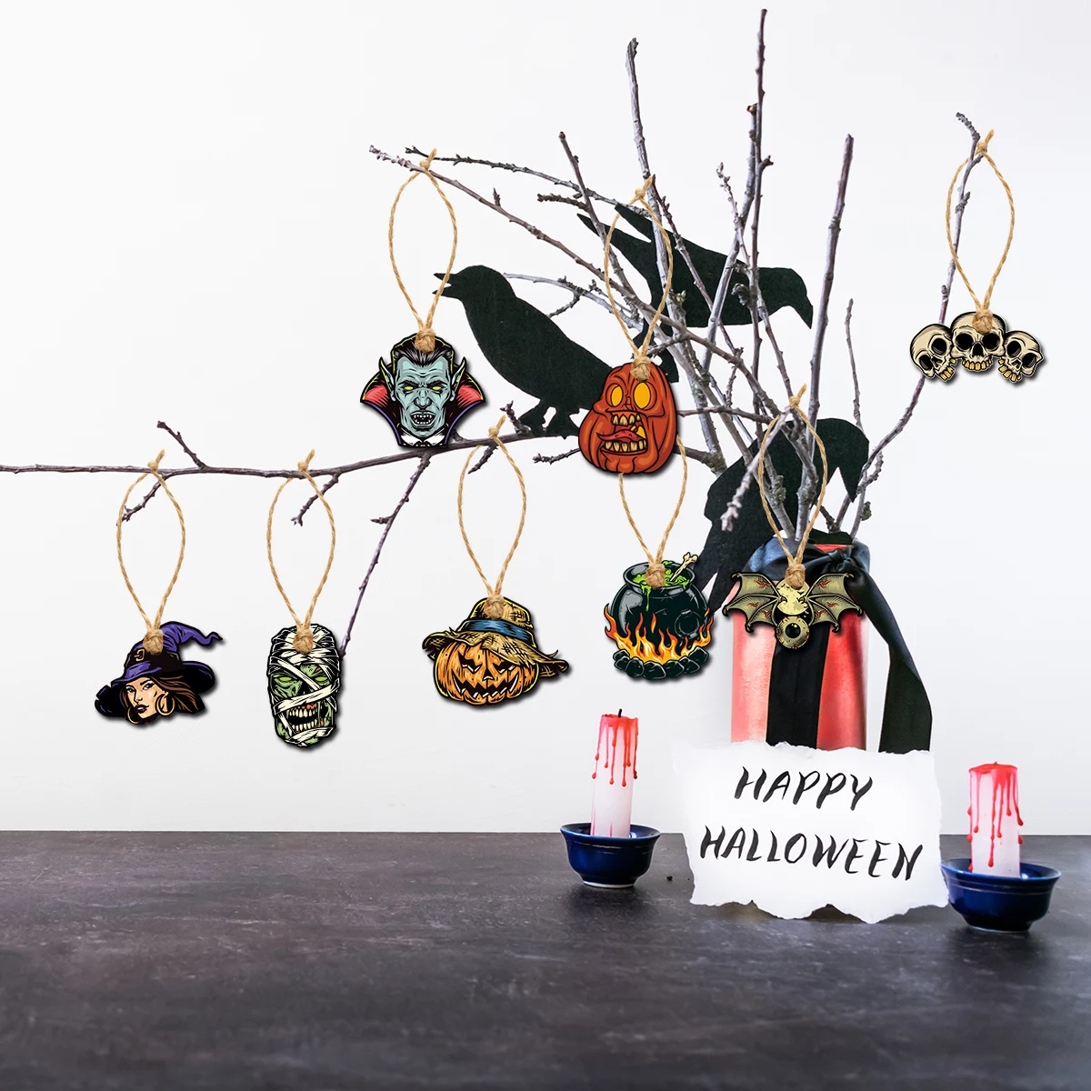 8pcs Vintage Halloween Tree Ornament Decorations Horror Pumpkin Witch skull pendant Hanging Tag for Halloween Party home Decor