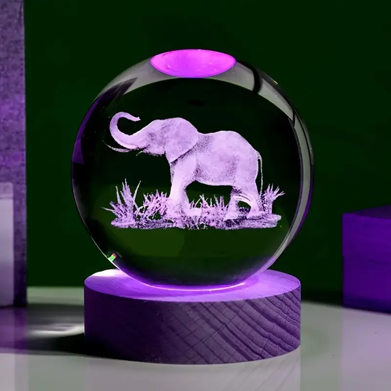 1pc Elephant 3D laser carved crystal ball with LED color lamp holder, living room bedroom home decoration decoration glass ball