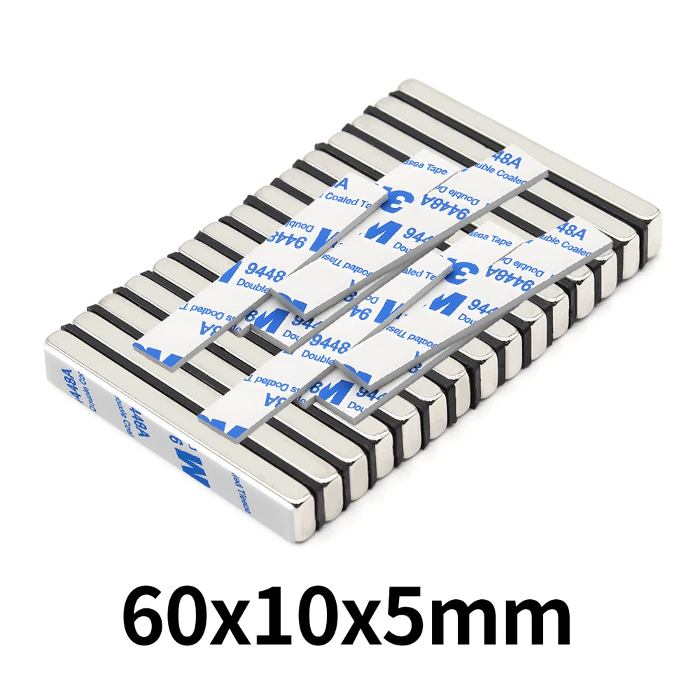 High Density Magnetic Alloy NdFeB Magnet 60x10x5mm Rectangular Adhesive Backed For Office Organizer Home Storage Tool