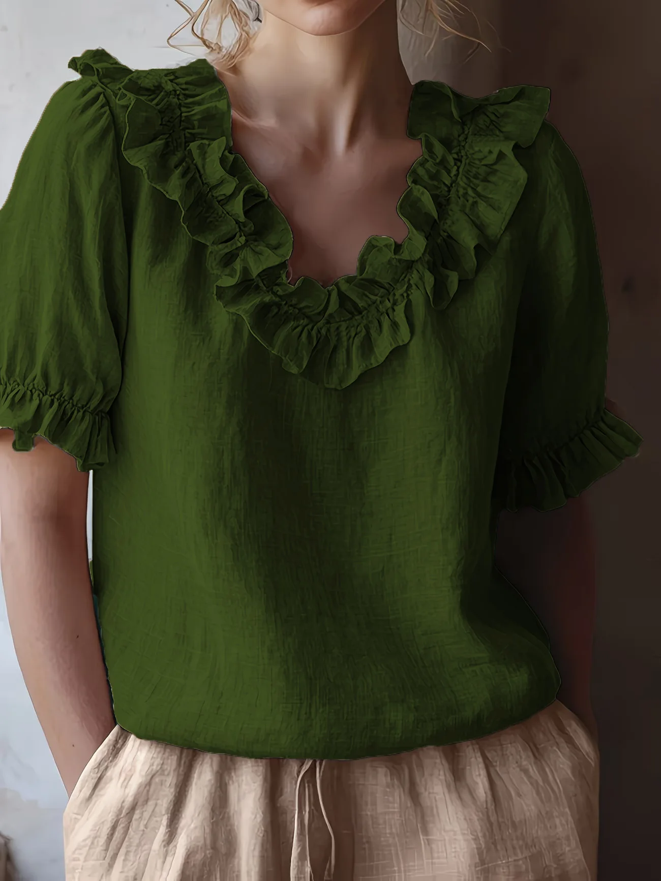 1-piece fashionable casual ruffle round neck ethnic style French elegant vintage commuting pure color shirt, belly-covering skin