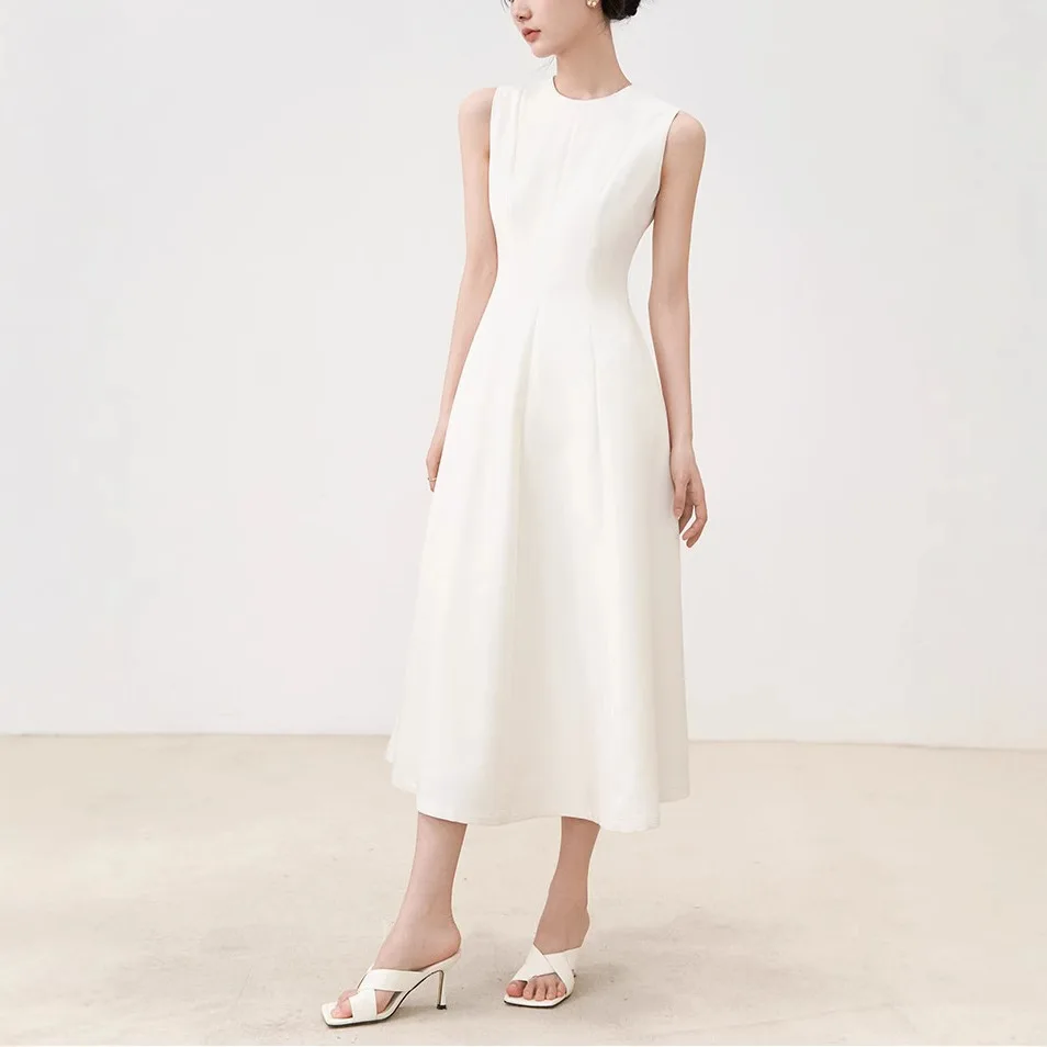 Robe trapèze élégante pour femmes, Style français, taille Empire, col rond, sans manches, couleur unie, robe Simple, été