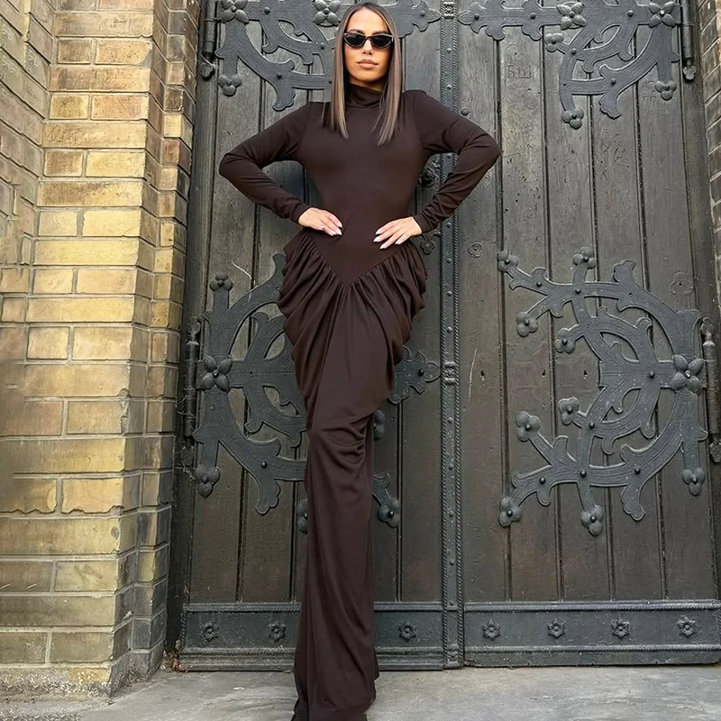 

Ticketsx Elegant Ruched Long Sleeve Dress Autumn Half High Neck High Waist Long Dress Fashion High Street Women Party Clubwear